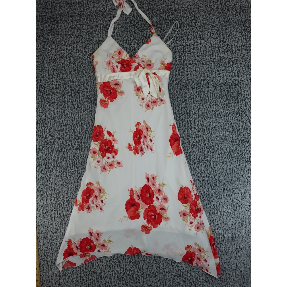 Mariposa Floral Halter Dress Womens M White Red‎ Handkerchief Hem Y2K